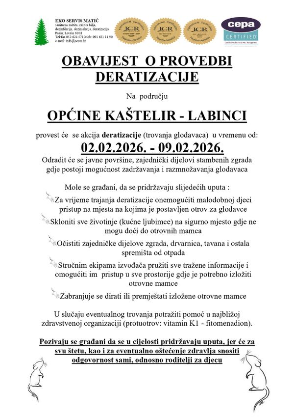 Obavijest o provedbi deratizacije - veljača 2026.